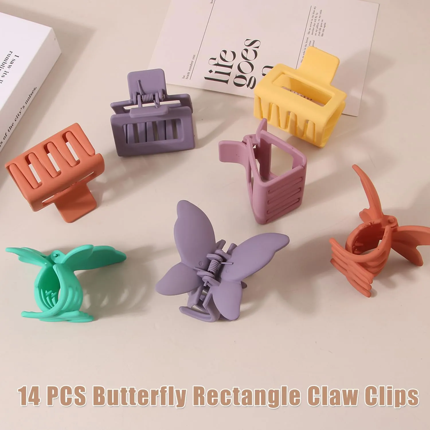 14 PCS Butterfly and Rectangle Hair Clips - 2.7" Medium Non-Slip Claw Clips for Thick, Thin, Curly or Straight Hair - Multiple Colors