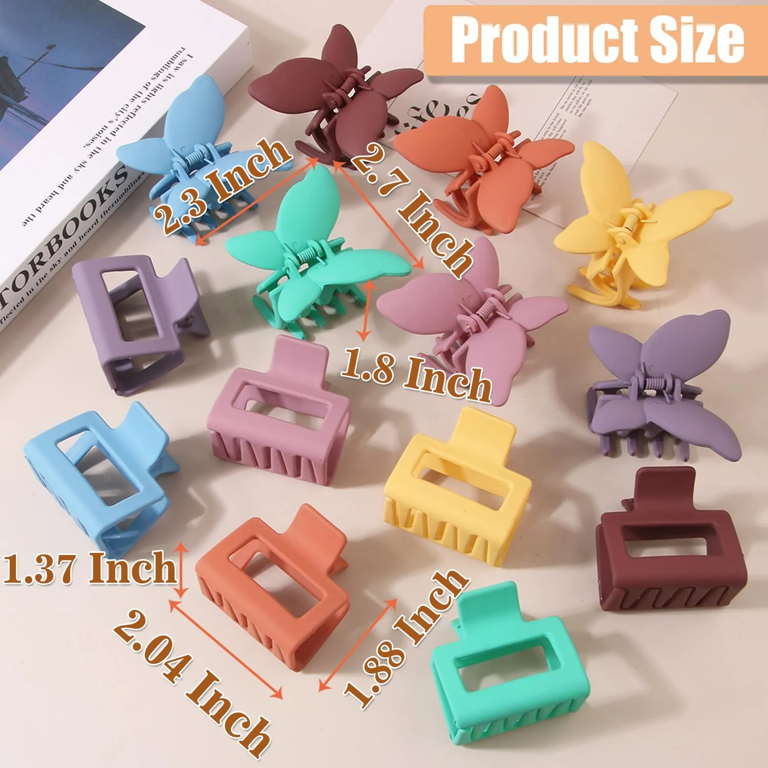 14 PCS Butterfly and Rectangle Hair Clips - 2.7" Medium Non-Slip Claw Clips for Thick, Thin, Curly or Straight Hair - Multiple Colors