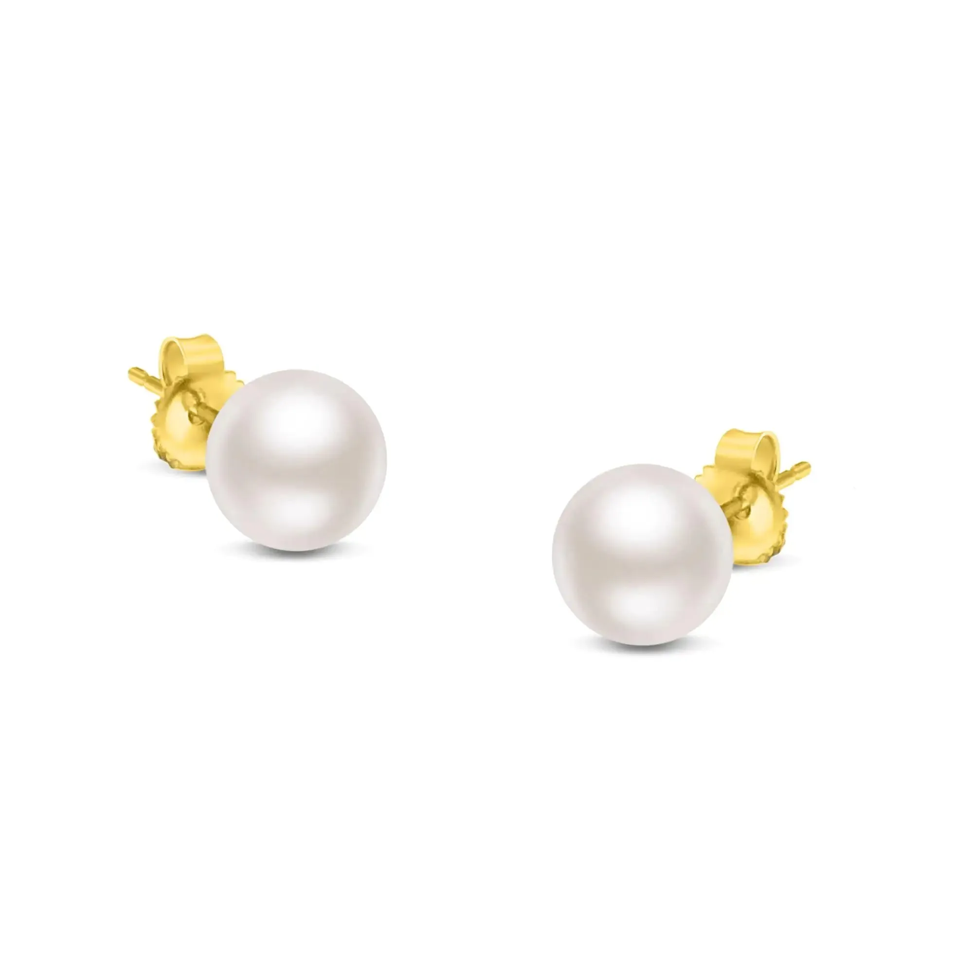 14K Gold Round White Saltwater Akoya Cultured Pearl Stud Earrings AAA  Quality - Choice of MM Size