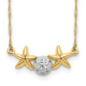 14K Yellow Gold, White Rhodium Brushed, Polished Finish Sand Dollar, Starfish Pendant Design in a 18-inch Cable Chain Necklace Set