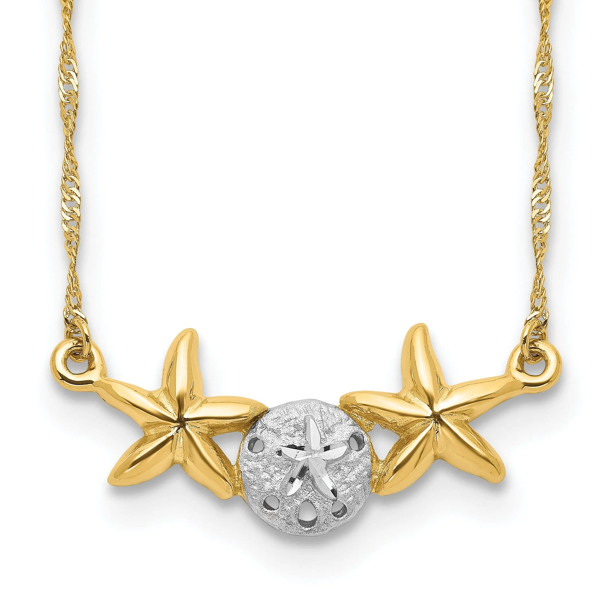 14K Yellow Gold, White Rhodium Brushed, Polished Finish Sand Dollar, Starfish Pendant Design in a 18-inch Cable Chain Necklace Set