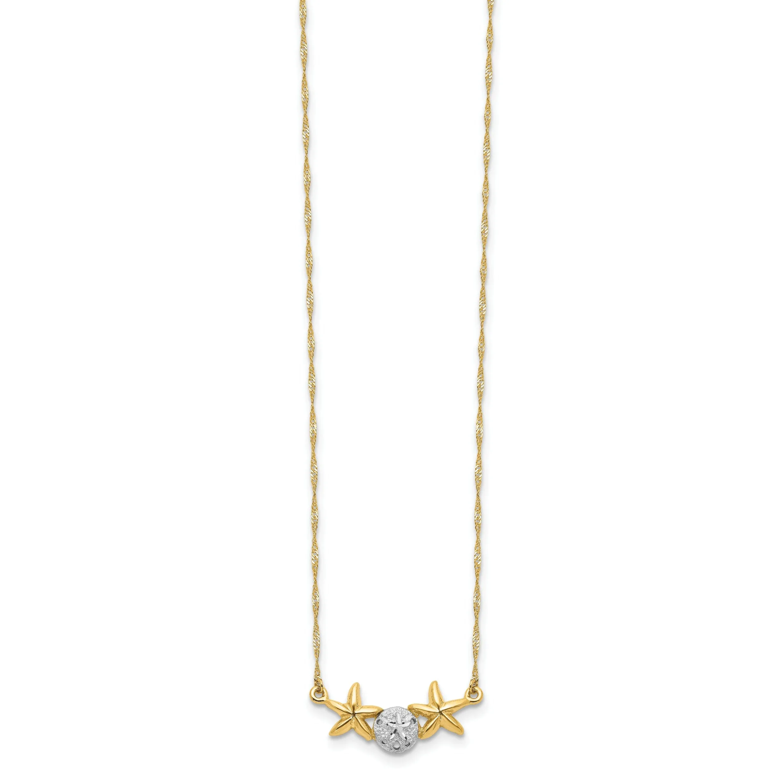 14K Yellow Gold, White Rhodium Brushed, Polished Finish Sand Dollar, Starfish Pendant Design in a 18-inch Cable Chain Necklace Set