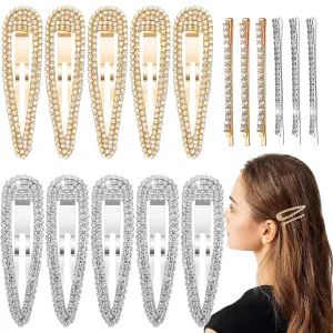 16Pcs Rhinestone Snap Hair Clips, Water Drop Crystal Snap Hair Barrettes, Glitter Shining Metal Snap Hair Clips, Glittering Hairpins Headwear Hair Accessories for Girls Women