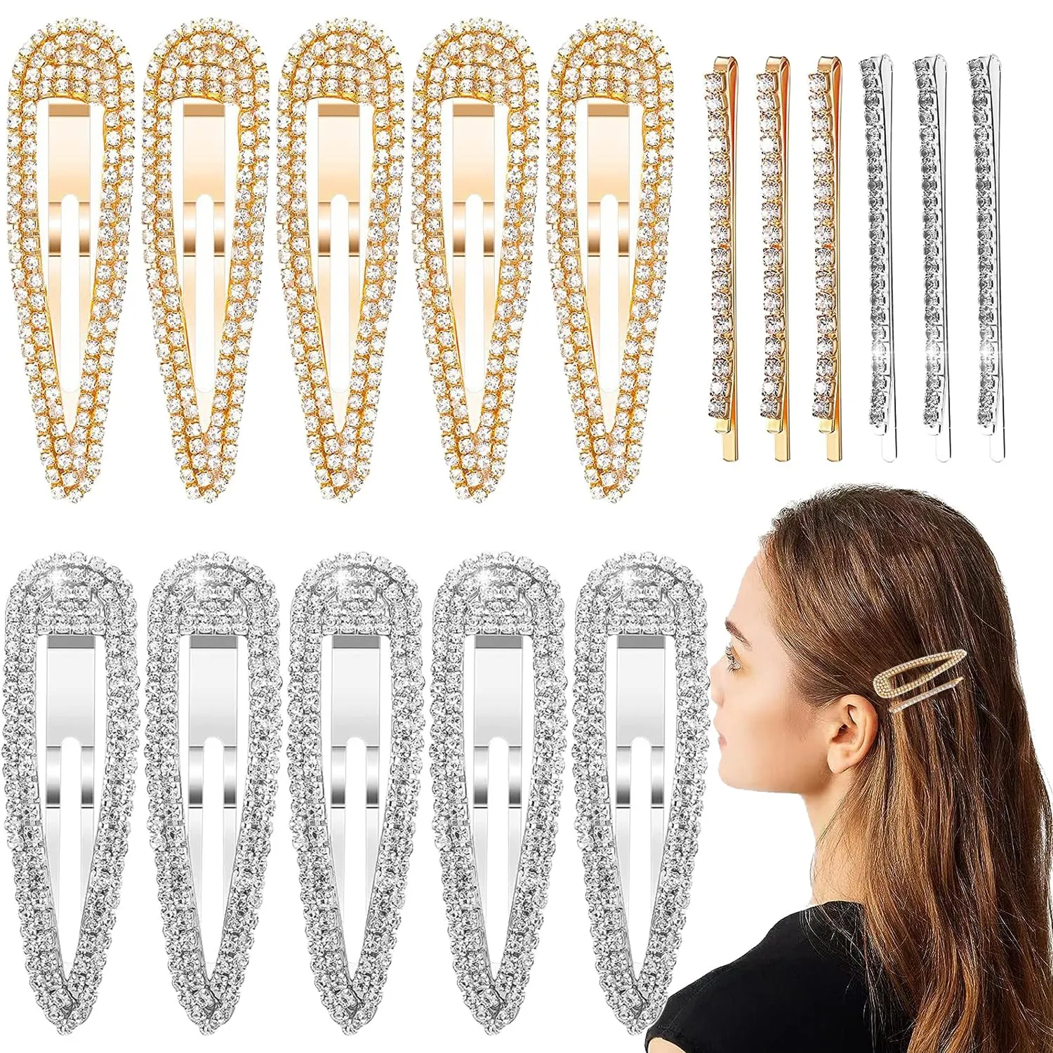 16Pcs Rhinestone Snap Hair Clips, Water Drop Crystal Snap Hair Barrettes, Glitter Shining Metal Snap Hair Clips, Glittering Hairpins Headwear Hair Accessories for Girls Women