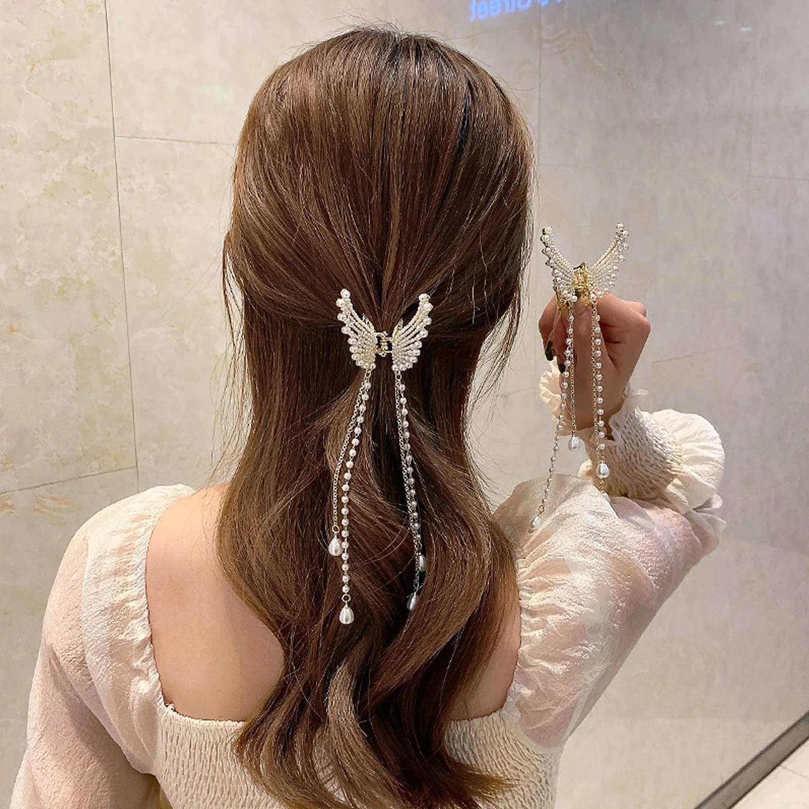 1PC Pearl Tassel Butterfly Hair Claw