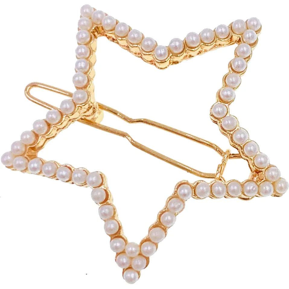Bellerose Open Geo Shape Hair Clip Barrette Rhinestone Crystal Clear Silver Gold White Pearl