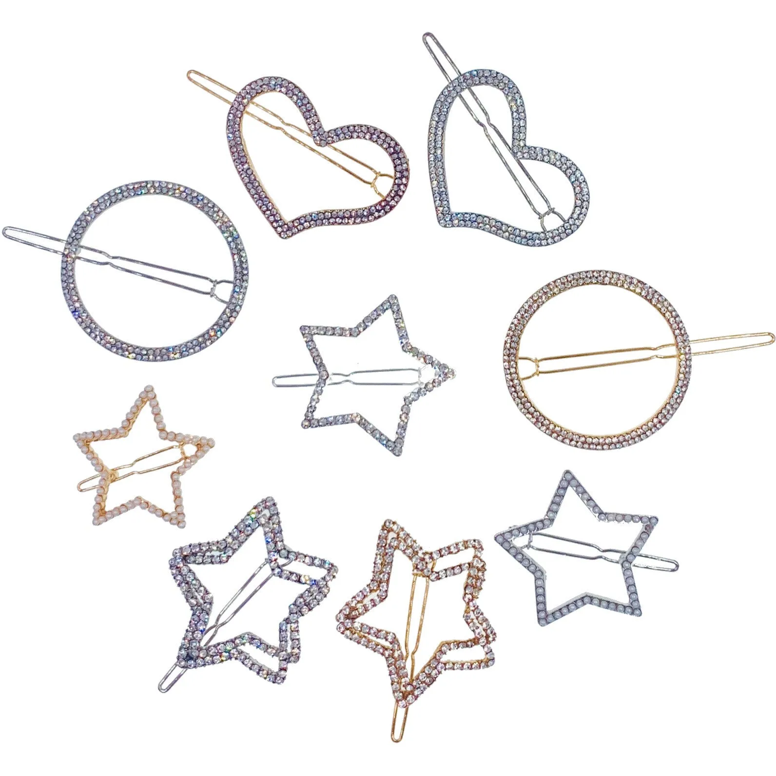 Bellerose Open Geo Shape Hair Clip Barrette Rhinestone Crystal Clear Silver Gold White Pearl