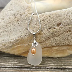 BESHEEK Silvertone, Clear, Seaglass and Freshwater Copper Pearl Necklace? Handmade Hypoallergenic Boho Beach Gala Wedding Style Fashion Jewelry