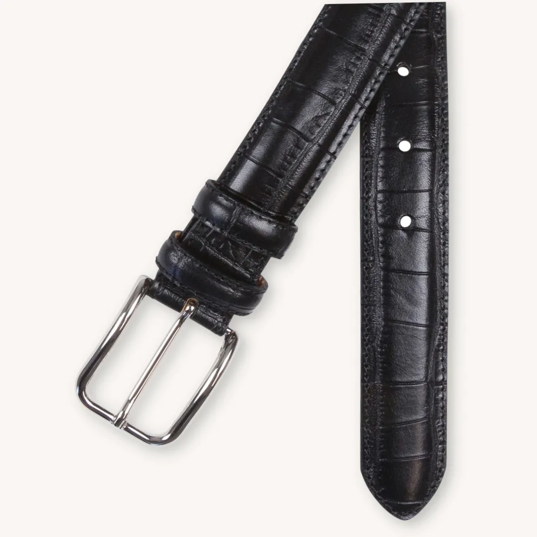 Black Croco-Pattern Leather Belt