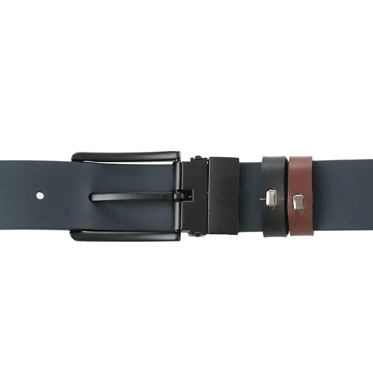 Black Formal Square Pin Buckle Reversible Top Grain Leather Belt - Black Blue