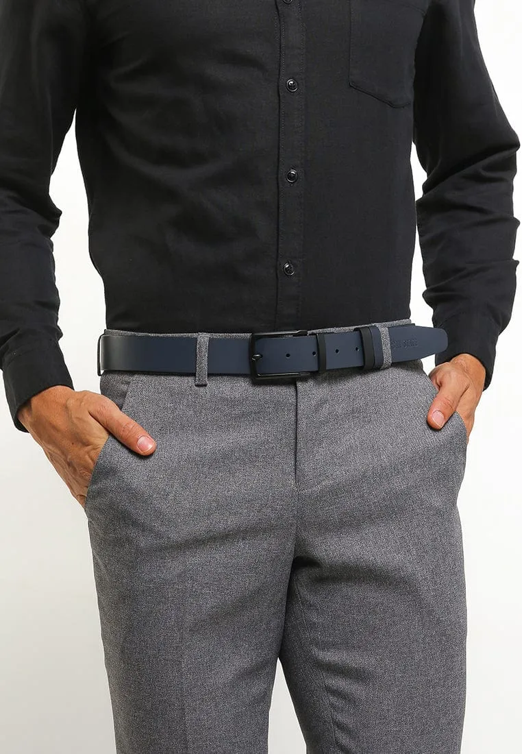 Black Formal Square Pin Buckle Reversible Top Grain Leather Belt - Black Blue