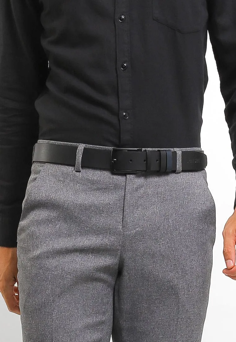 Black Formal Square Pin Buckle Reversible Top Grain Leather Belt - Black Blue