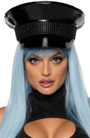 Black military hat with rhinestone trim