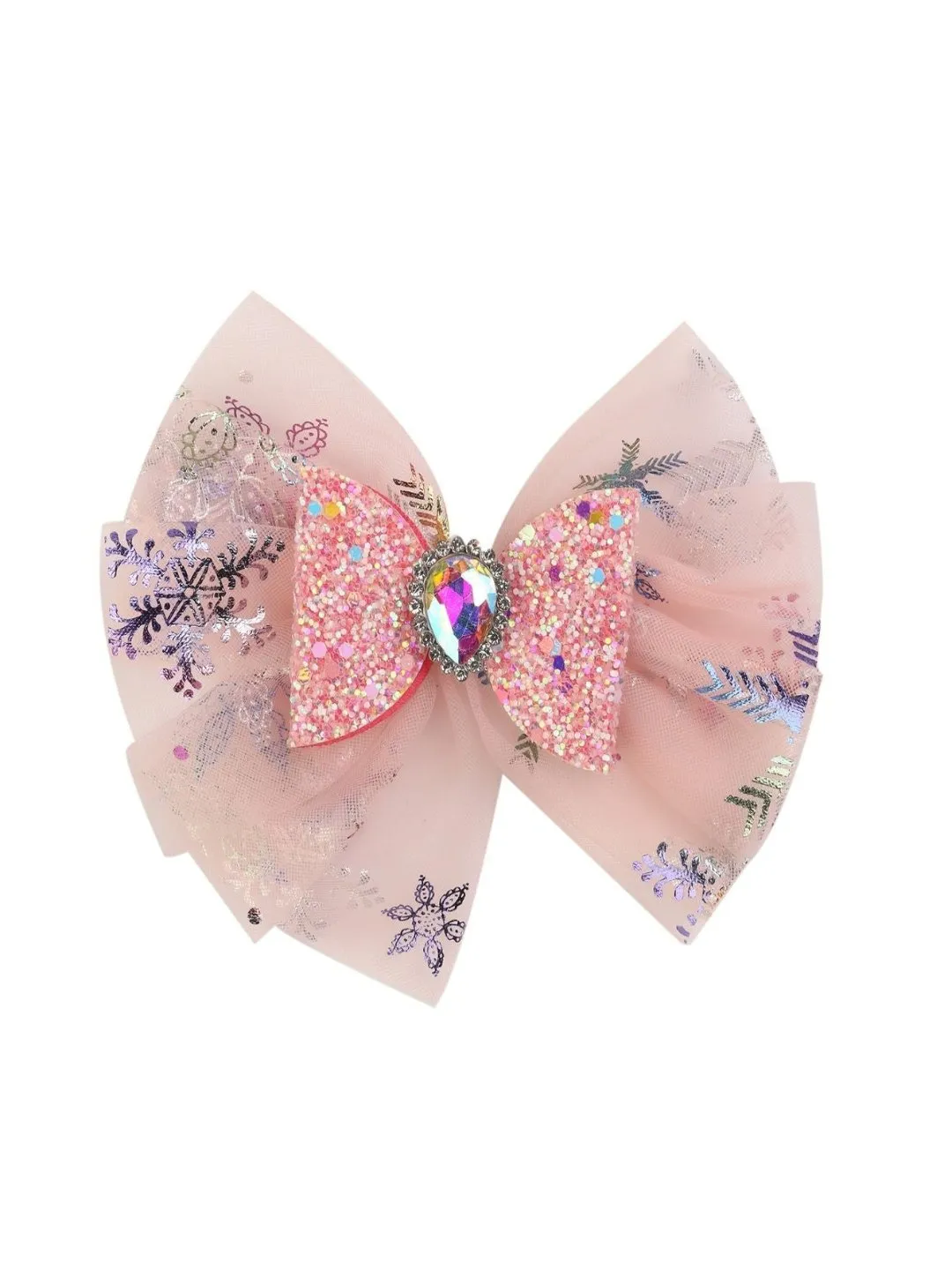 Bow Shimmer Hair Clips with Net & Gemstone for Girls-  Pink