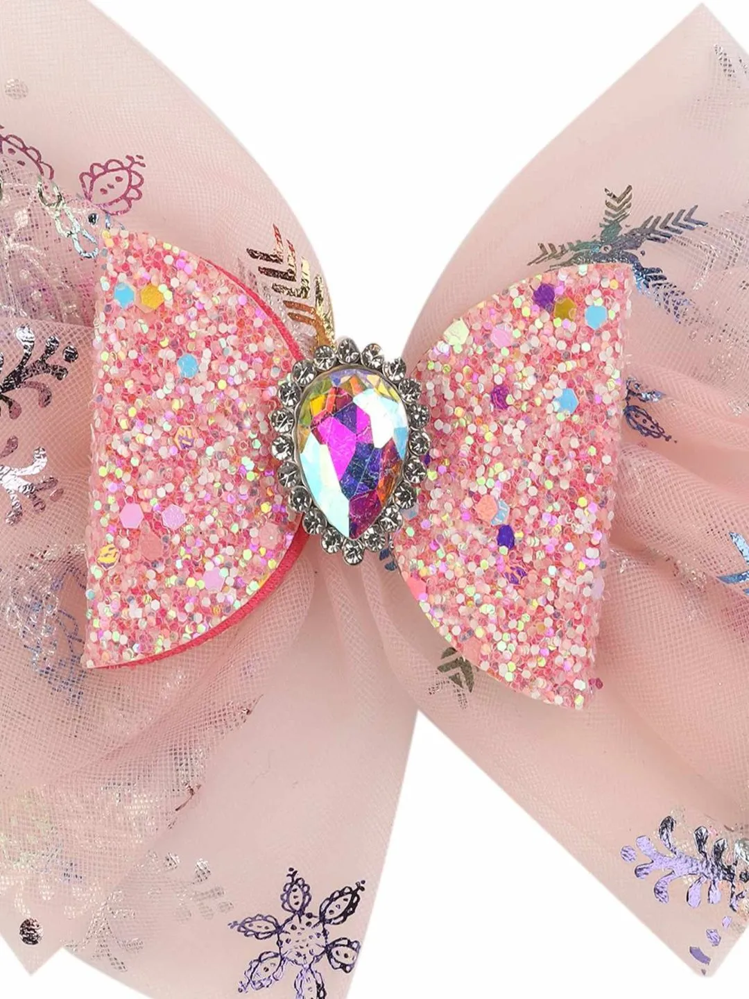 Bow Shimmer Hair Clips with Net & Gemstone for Girls-  Pink