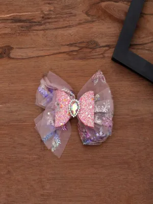 Bow Shimmer Hair Clips with Net & Gemstone for Girls-  Pink