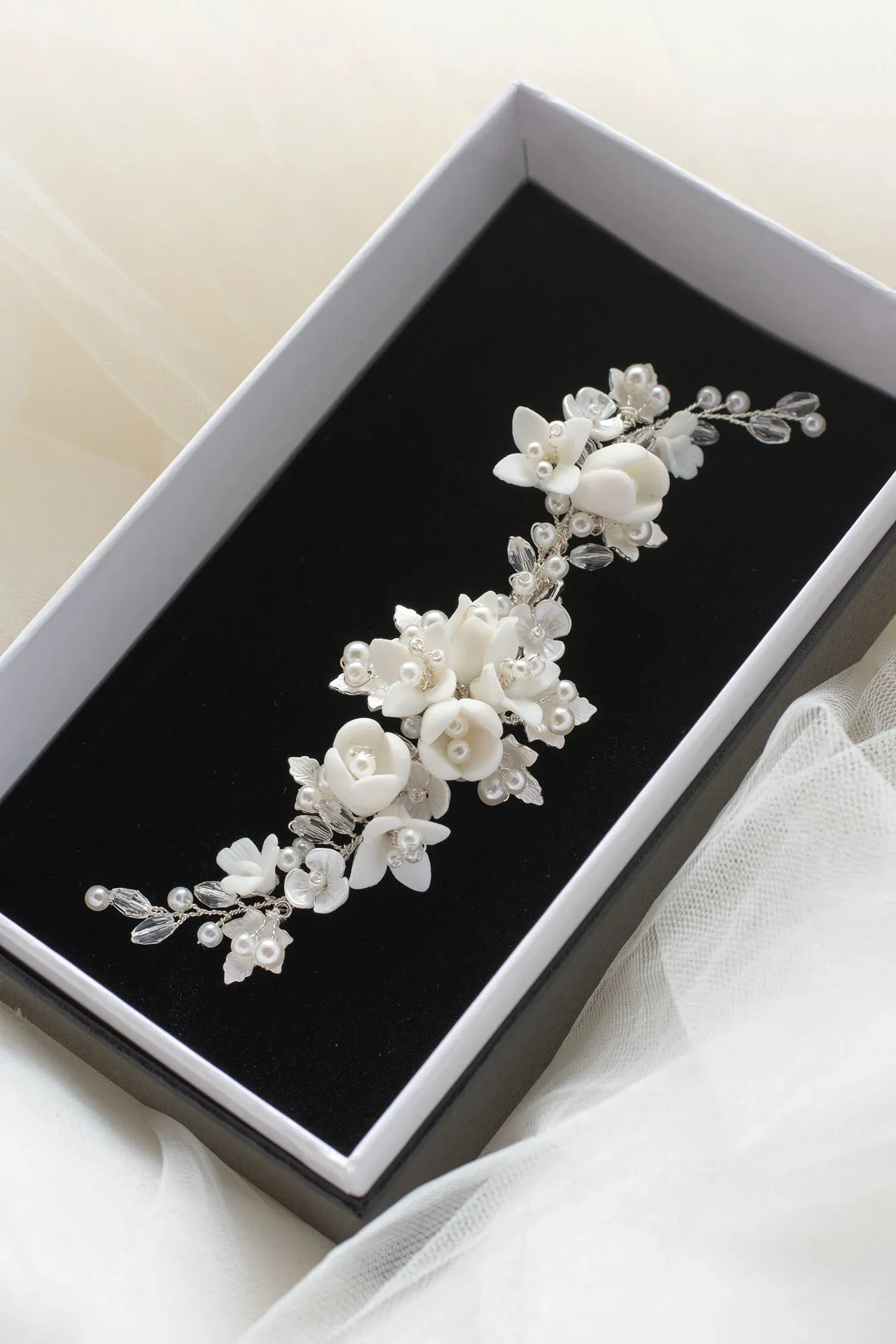 Caroline - Delicate Porcelain & Crystal Floral Pearl Bridal Hair Clip