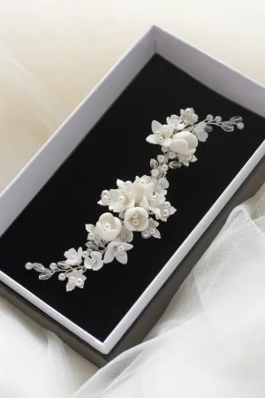 Caroline - Delicate Porcelain & Crystal Floral Pearl Bridal Hair Clip