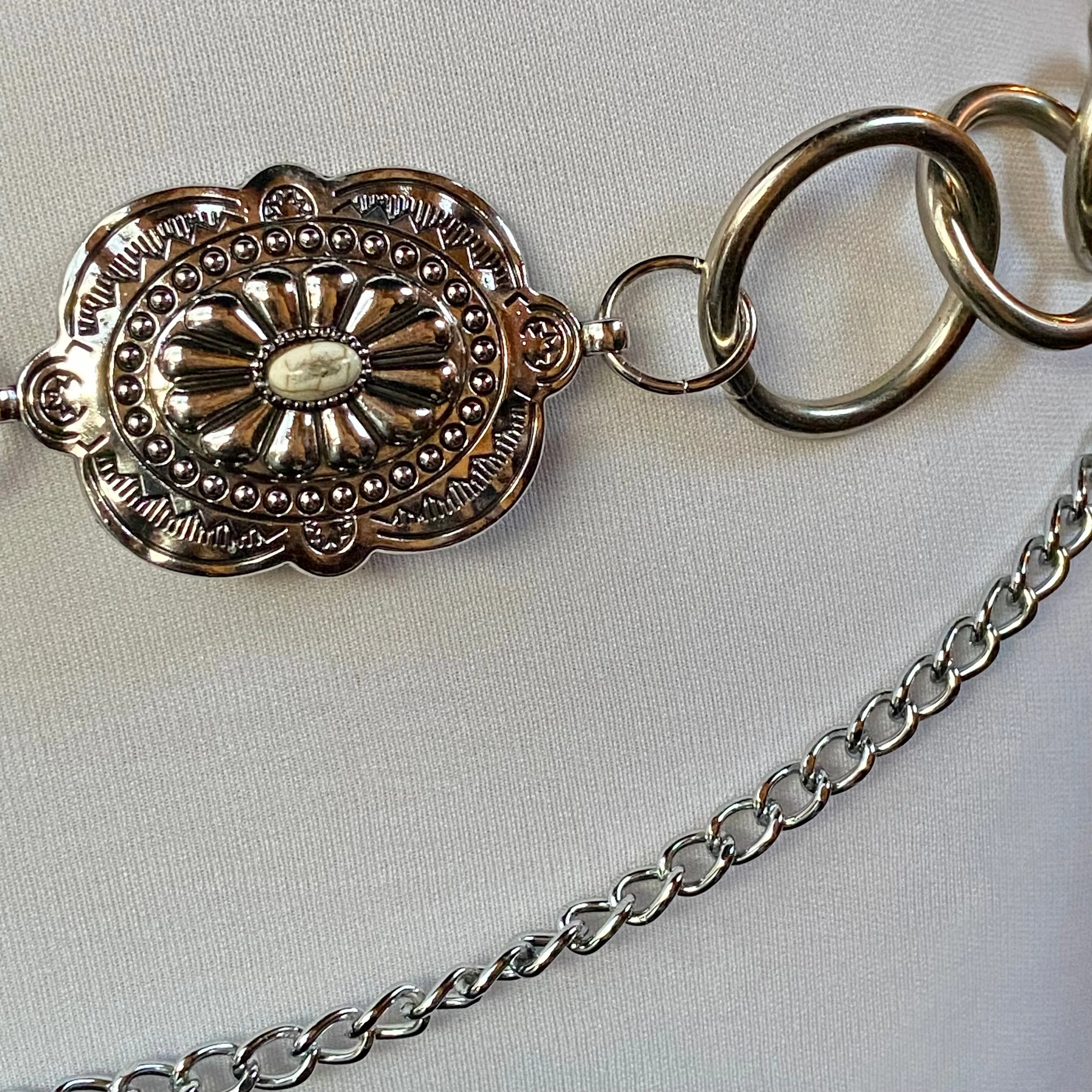 Carved silver style Concho chain Belt