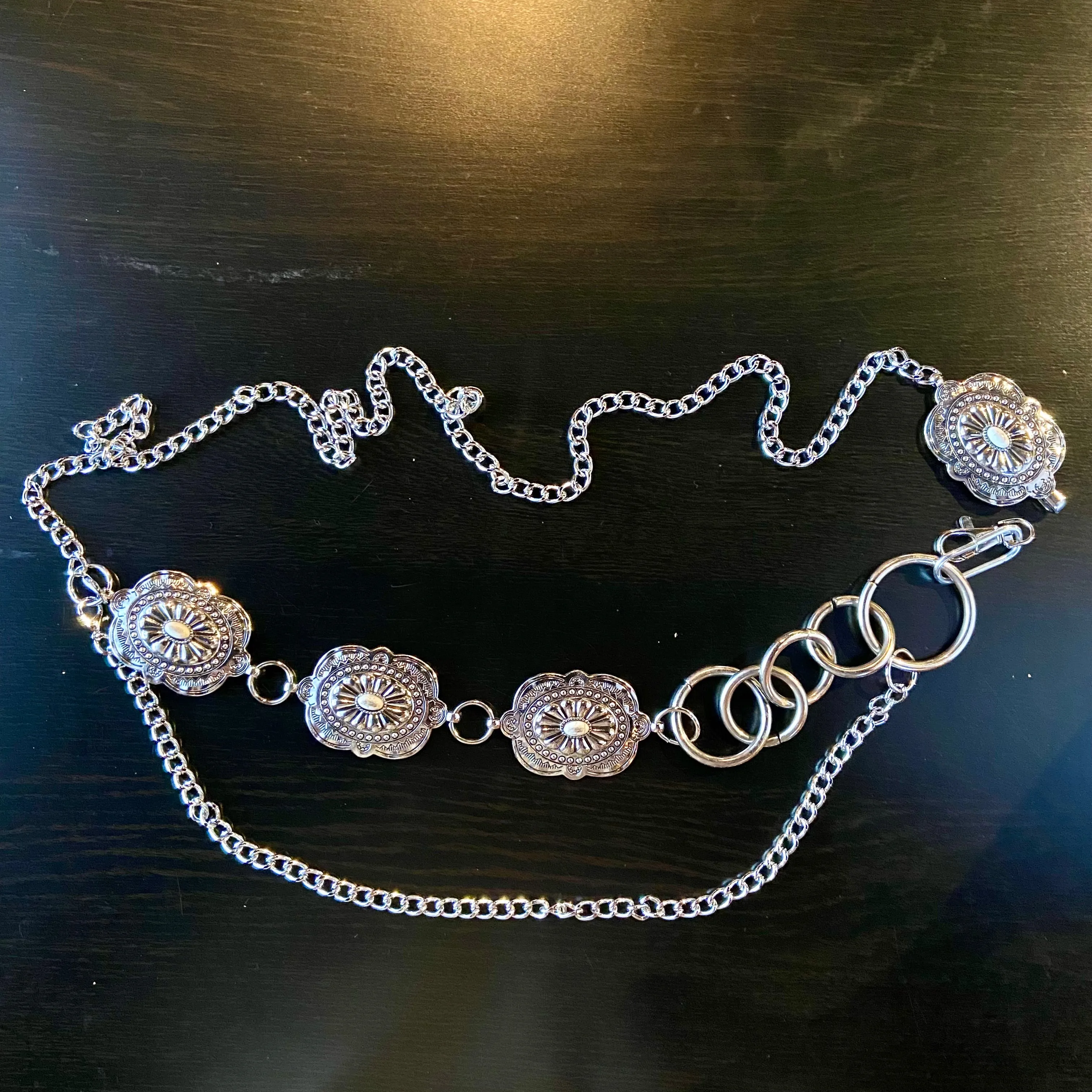 Carved silver style Concho chain Belt