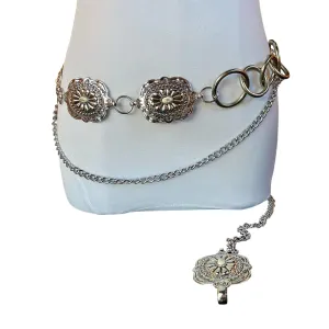 Carved silver style Concho chain Belt
