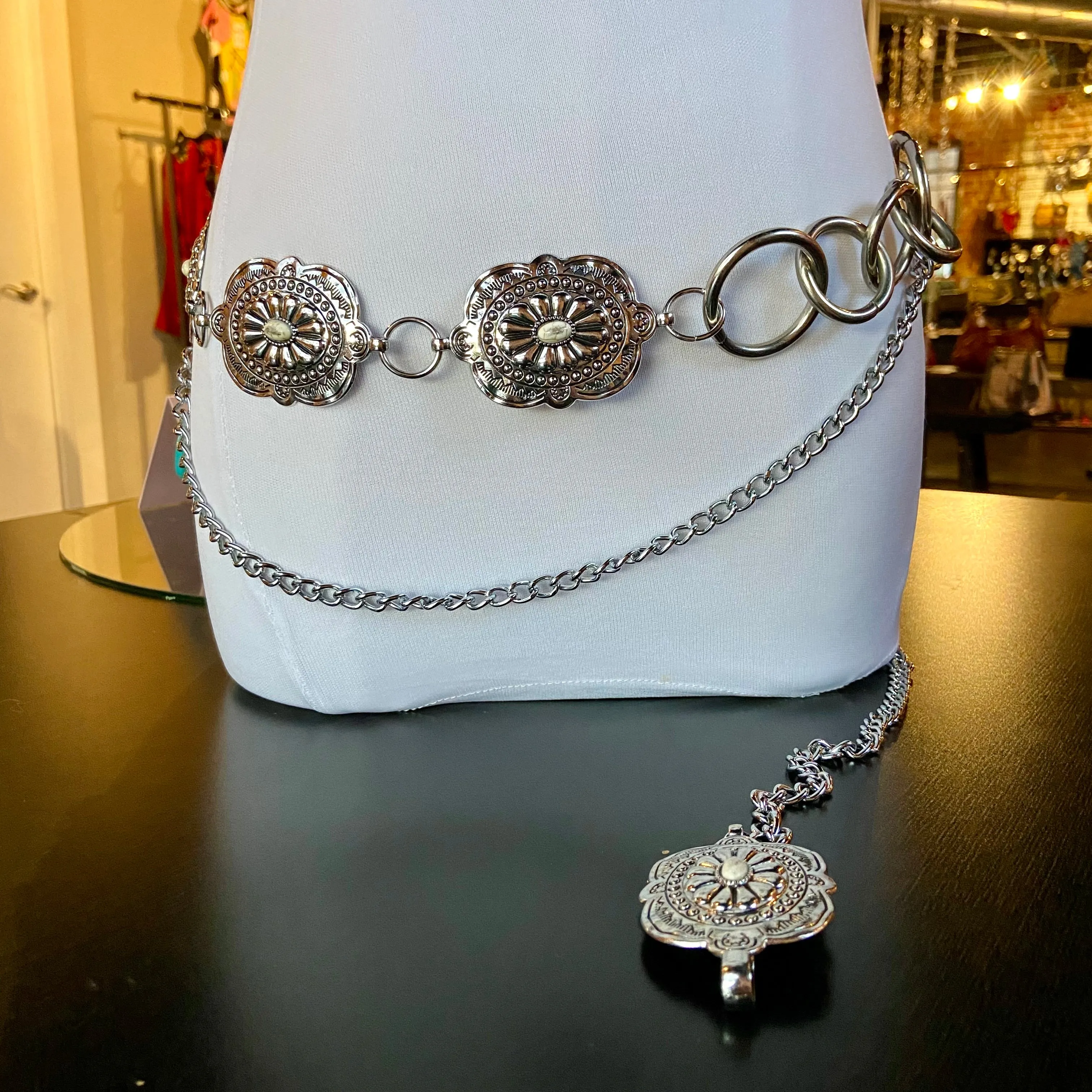 Carved silver style Concho chain Belt