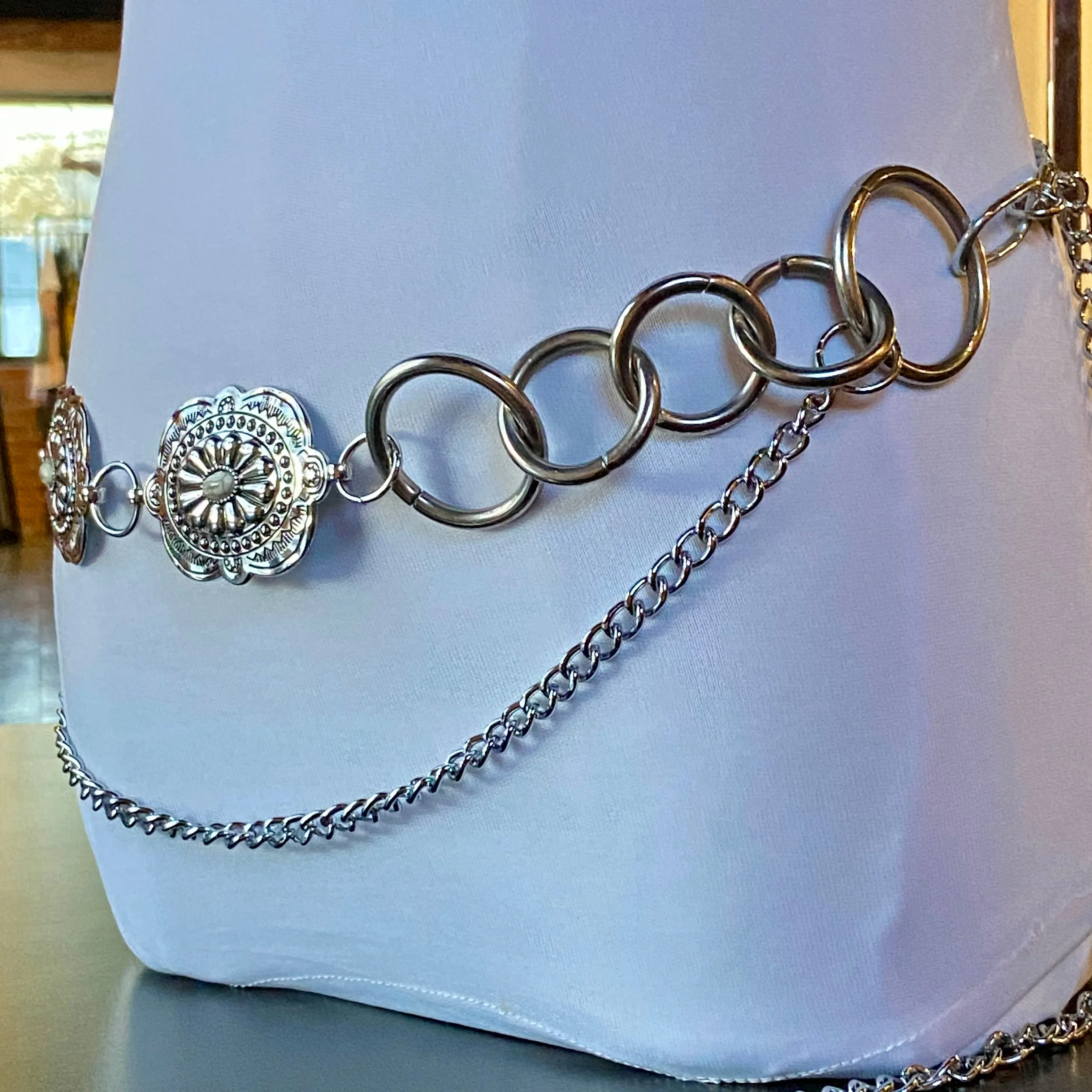 Carved silver style Concho chain Belt