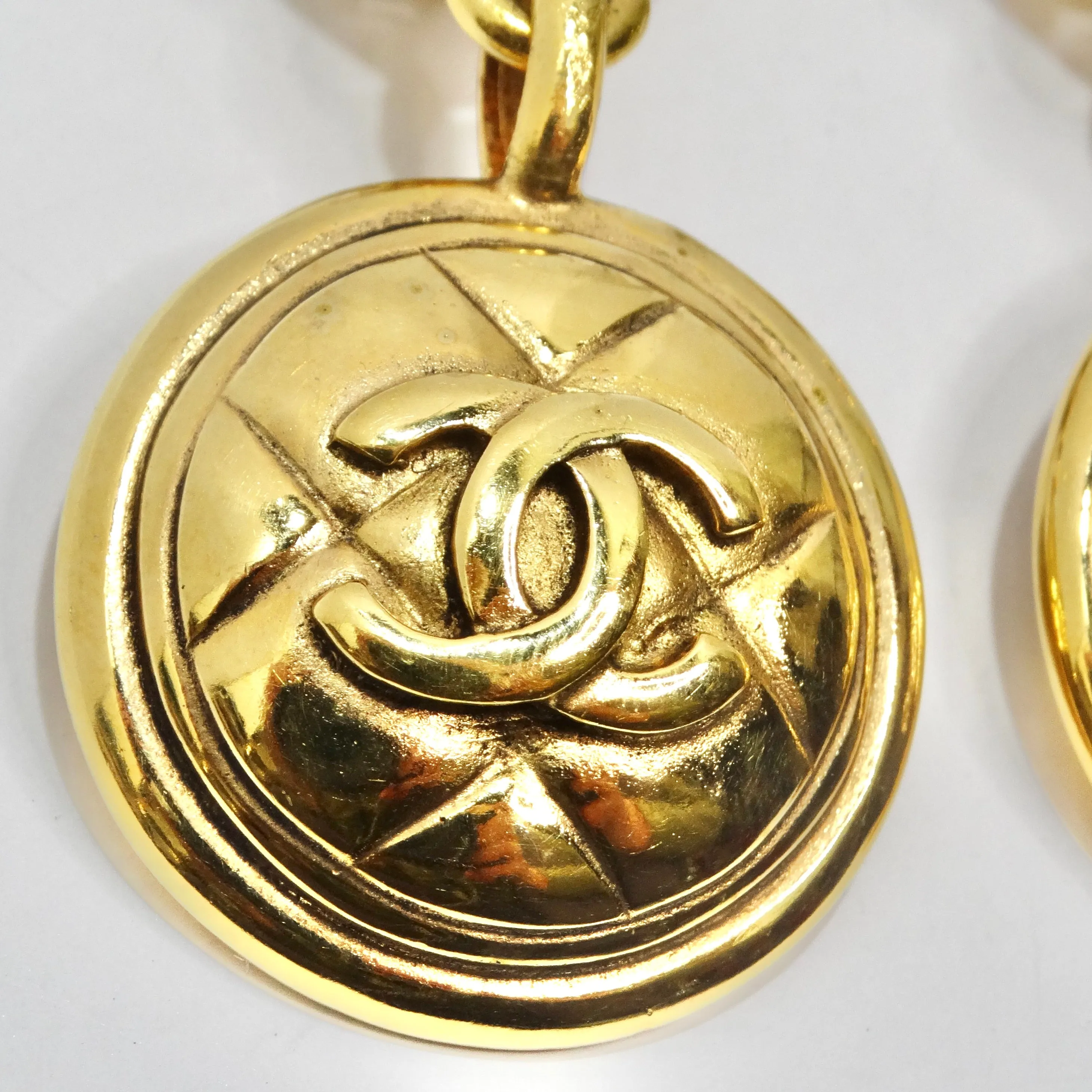 Chanel 1980s Gold Tone Quilted Drop Earrings
