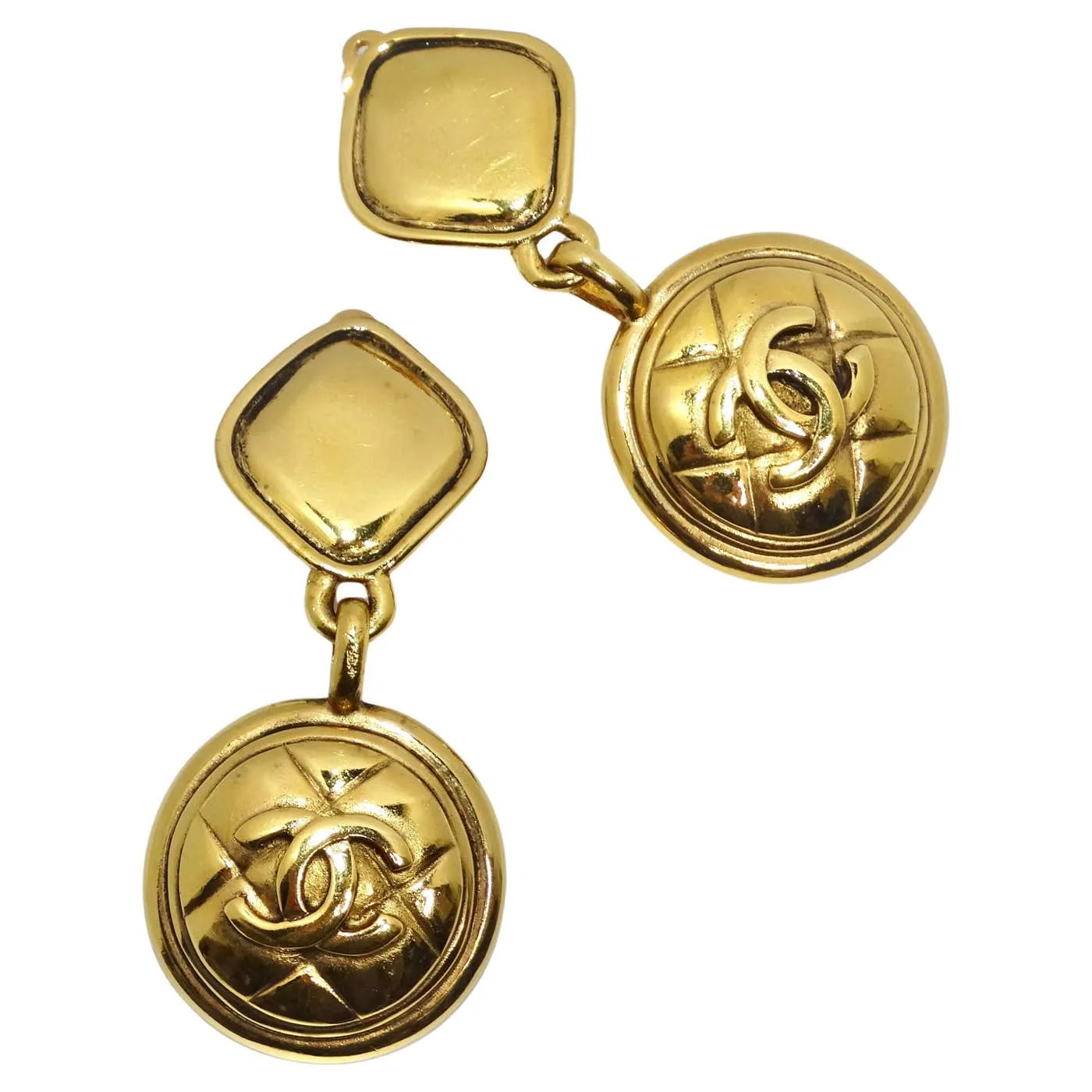 Chanel 1980s Gold Tone Quilted Drop Earrings