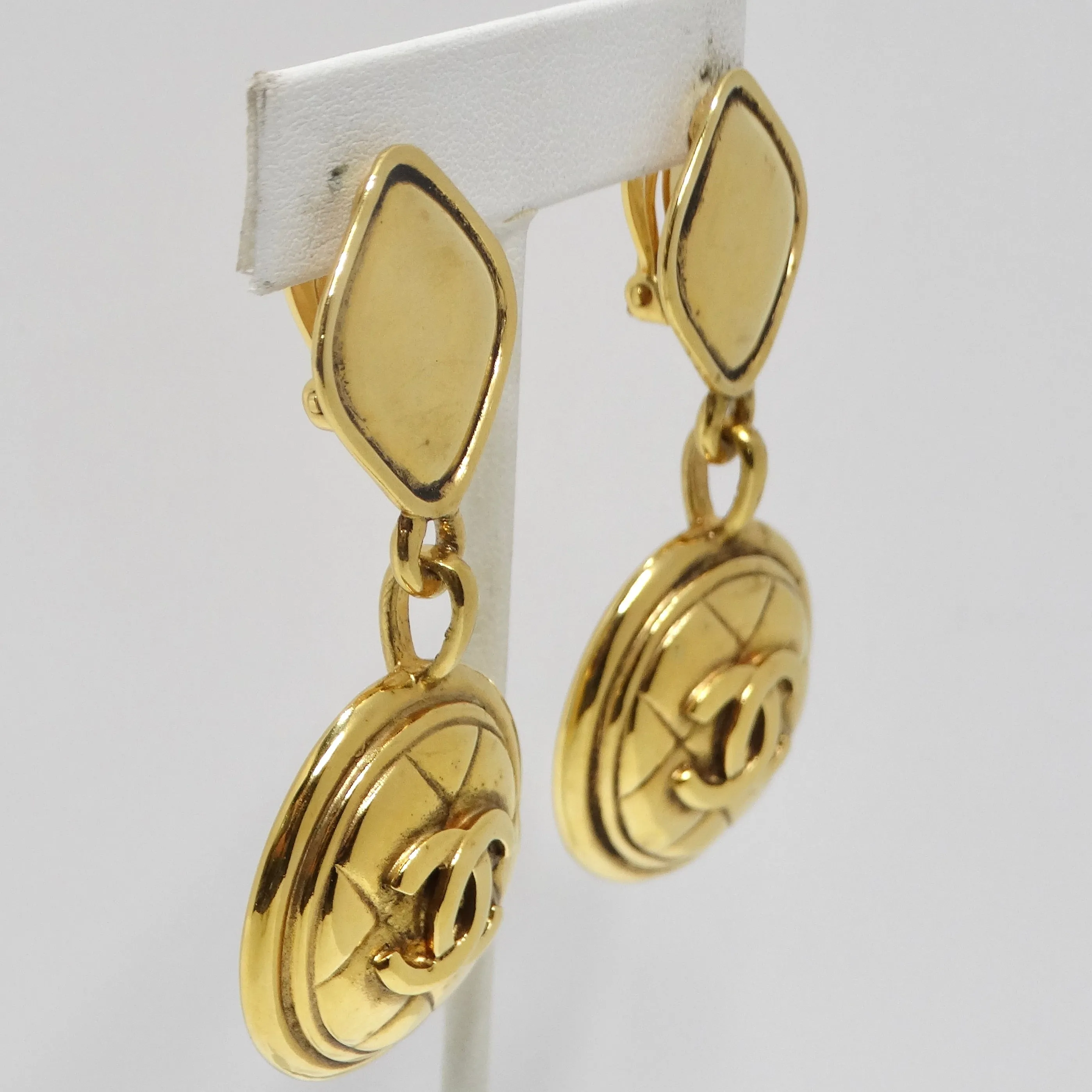 Chanel 1980s Gold Tone Quilted Drop Earrings