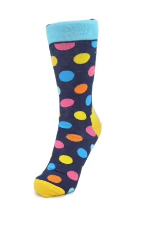Colorful Polka Dots Dress Socks - Navy Blue with Pink & Yellow
