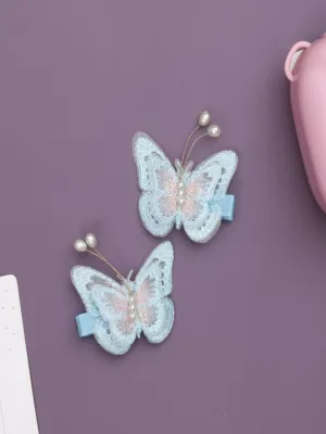Elegant Blue Butterfly Hair Clips with Pearl Accents - Soft and Stylish