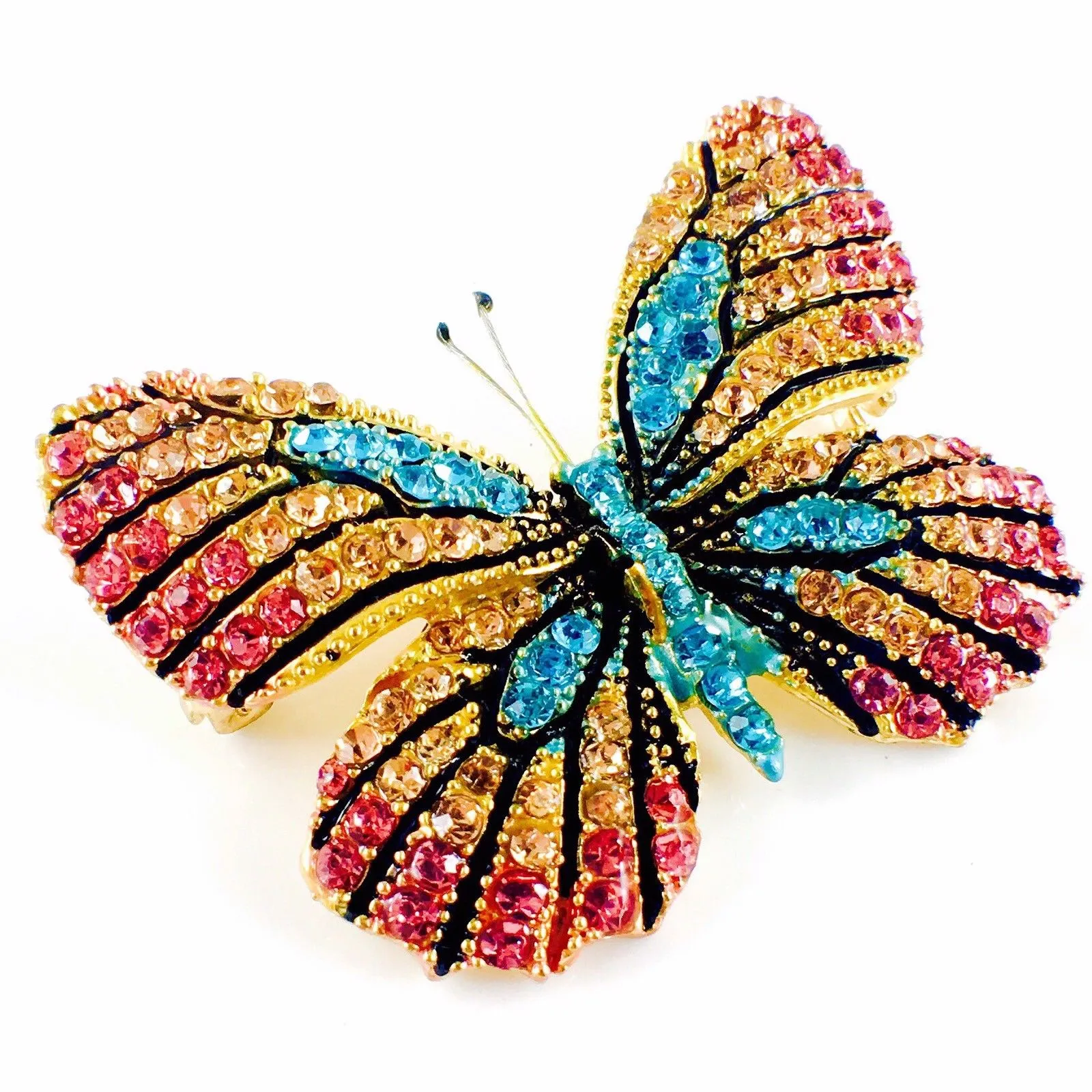 Fairy Butterfly Brooch Swarovski Crystal gold base multi colors Pink Amber Blue