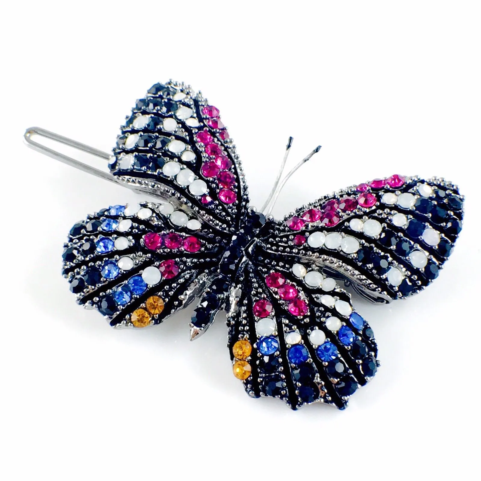 Fairy Butterfly Hair Clip use Swarovski Crystal metallic black base multi colors Blue Fuchsia Brown White Black