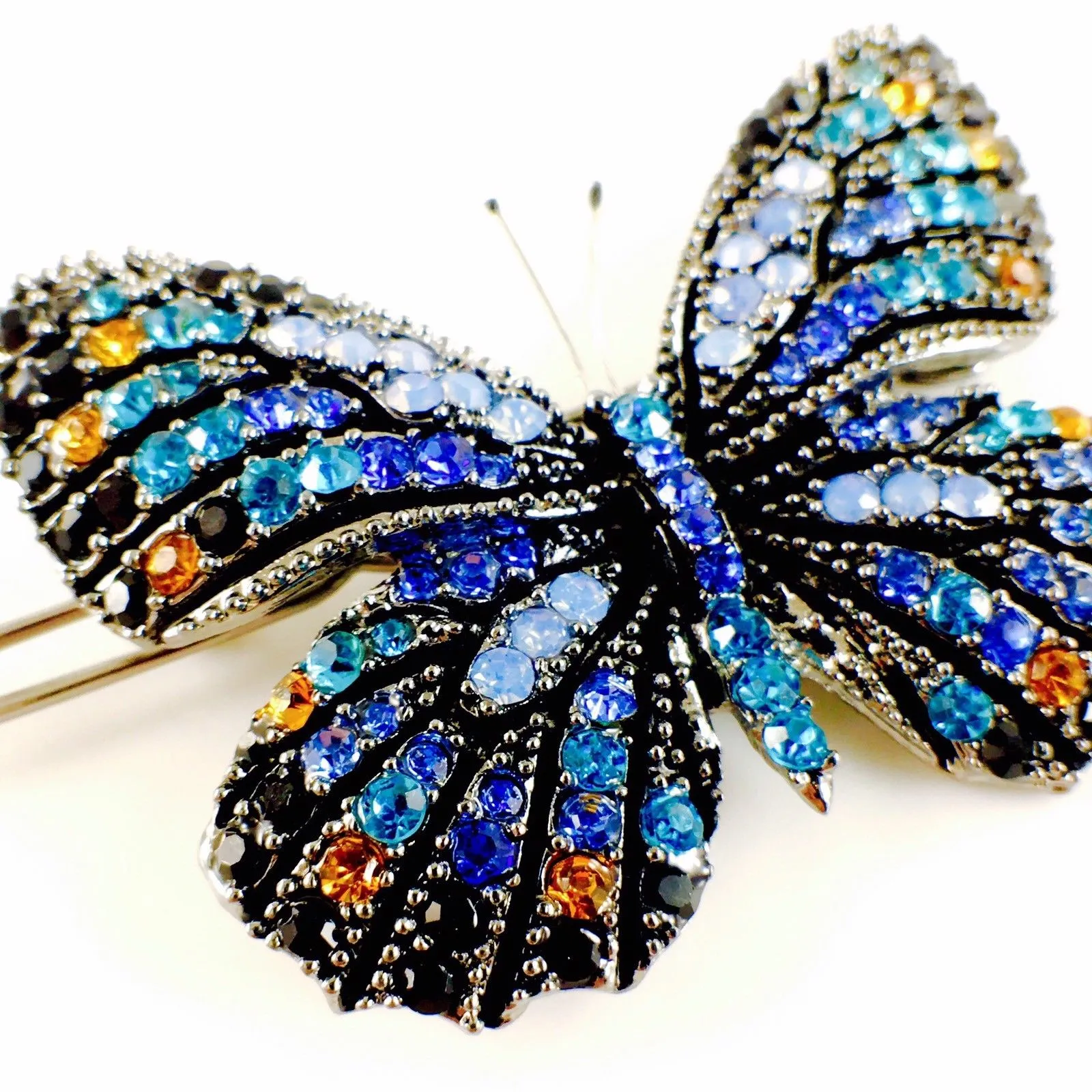 Fairy Butterfly Hair Clip use Swarovski Crystal metallic black base multi colors Blue Sapphire Turquoise Black