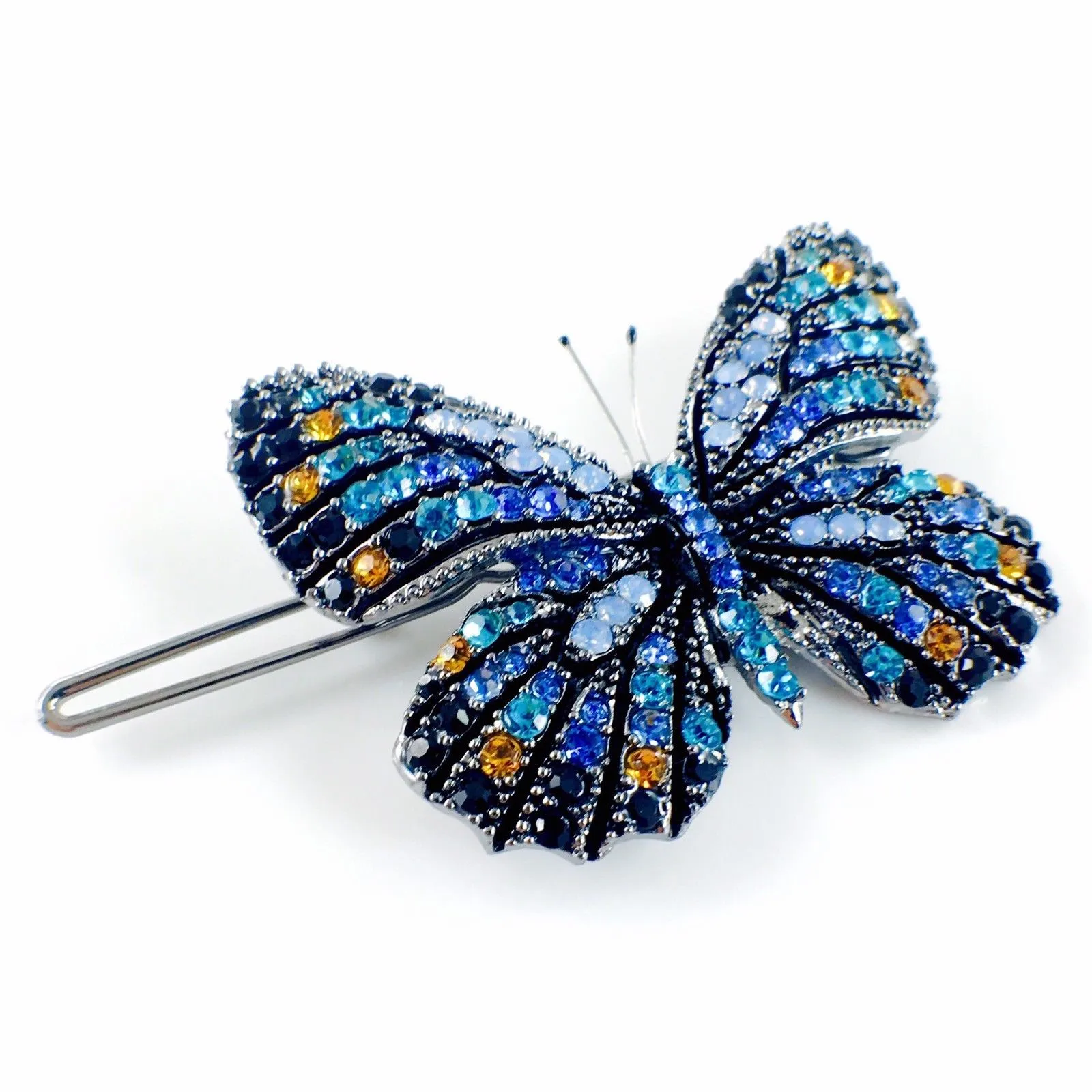 Fairy Butterfly Hair Clip use Swarovski Crystal metallic black base multi colors Blue Sapphire Turquoise Black