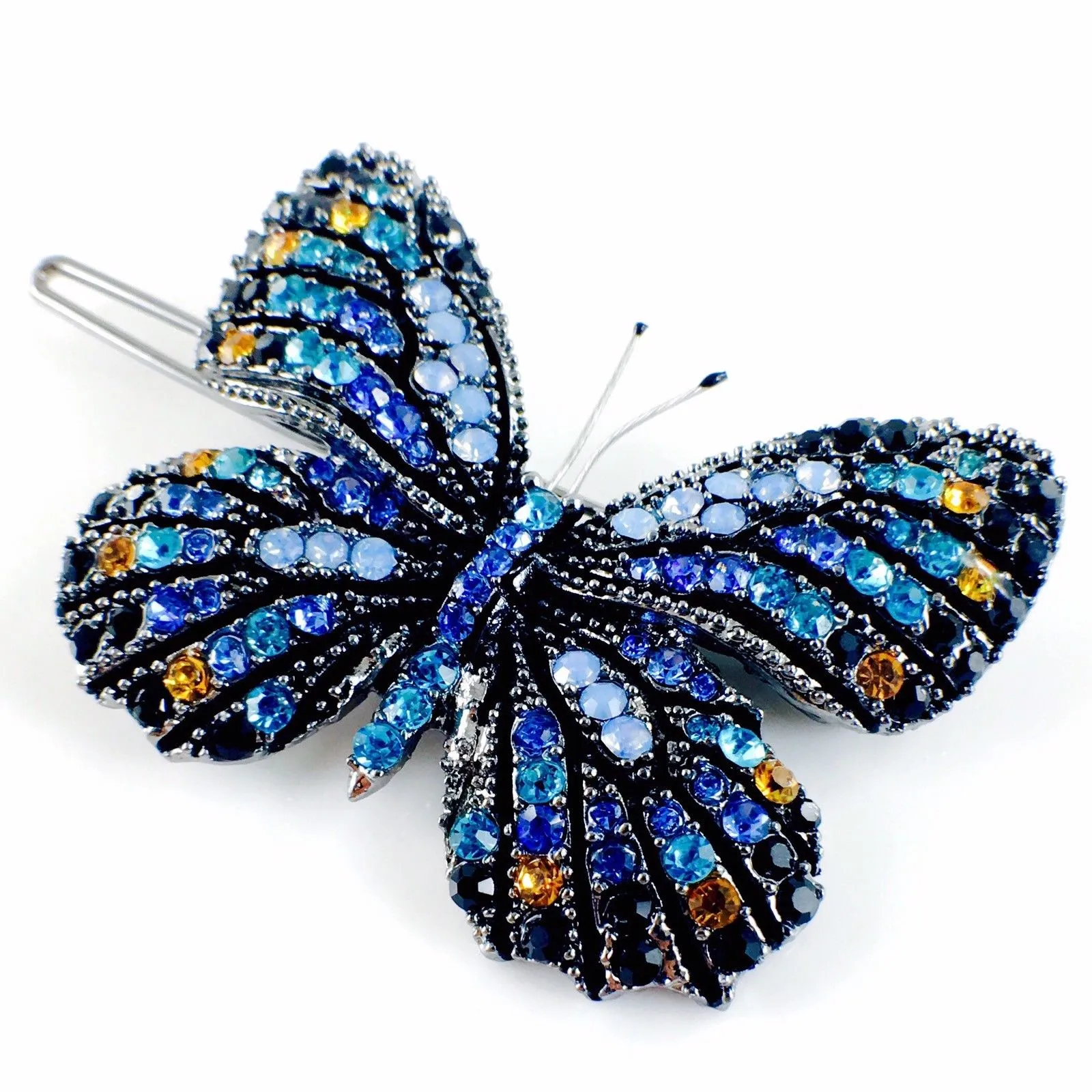 Fairy Butterfly Hair Clip use Swarovski Crystal metallic black base multi colors Blue Sapphire Turquoise Black