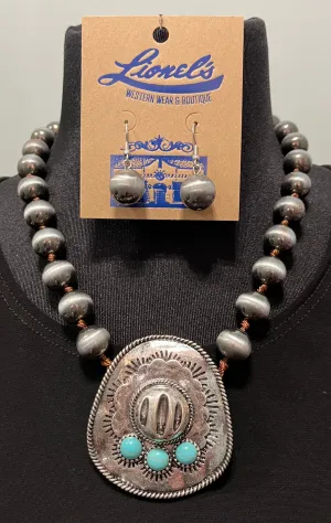 Faux Navajo Pearl Necklace Hat Pendant & Earrings