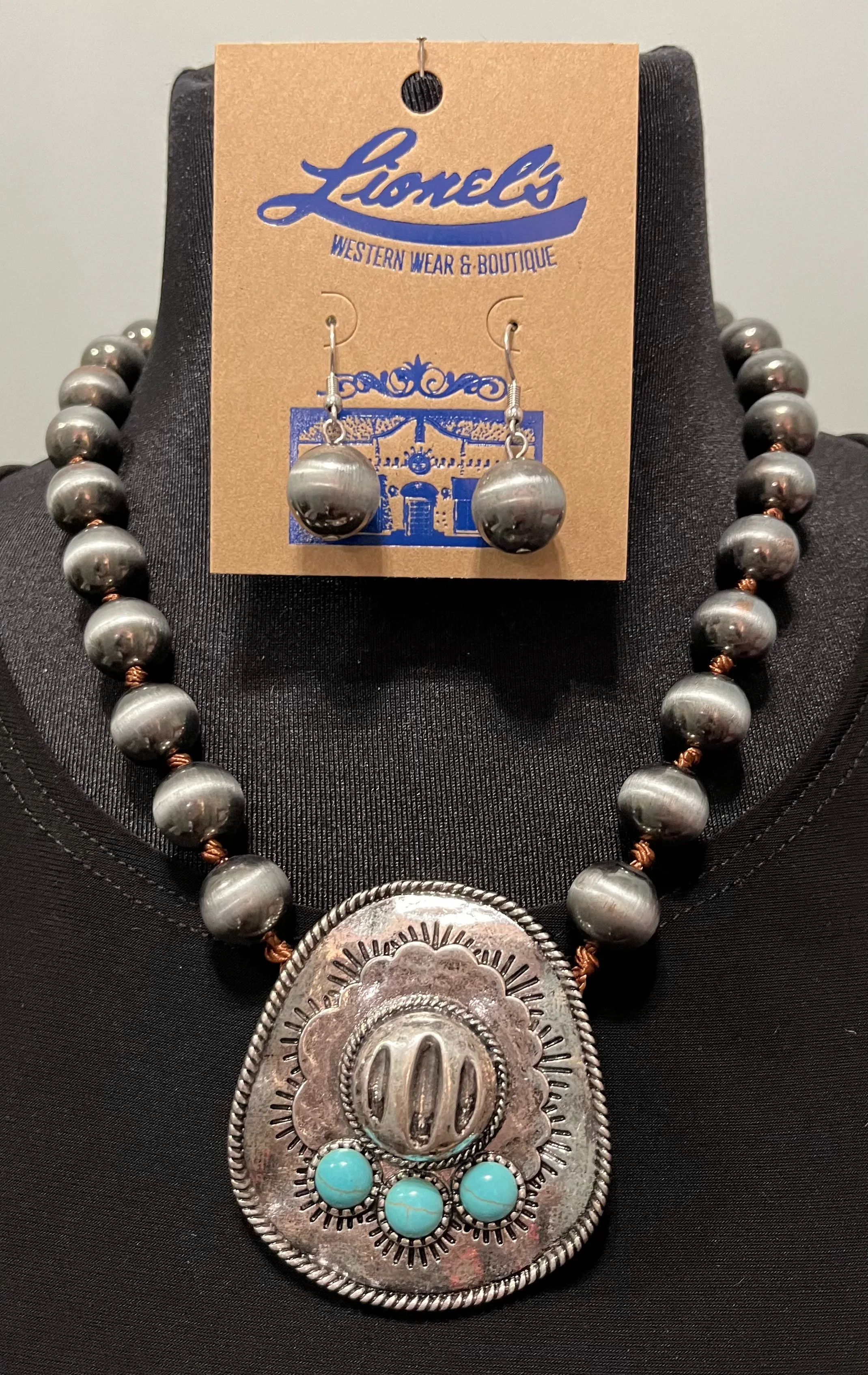 Faux Navajo Pearl Necklace Hat Pendant & Earrings