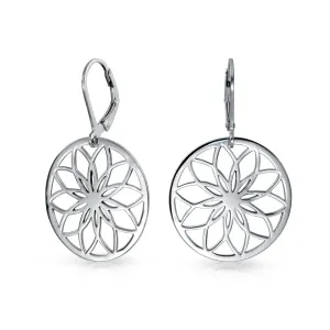 Geometric Floral Garden Disc Cutout Flower Dangle Earrings Sterling Silver Lever Back