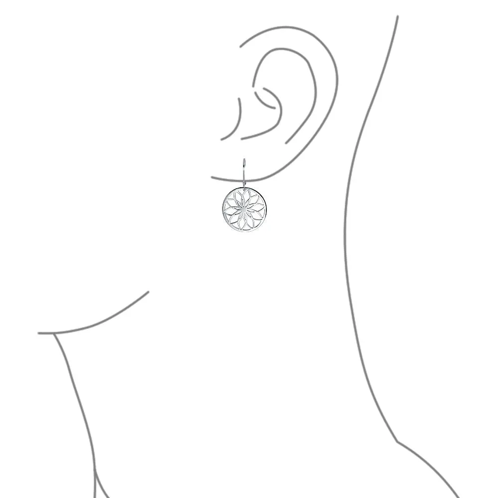 Geometric Floral Garden Disc Cutout Flower Dangle Earrings Sterling Silver Lever Back