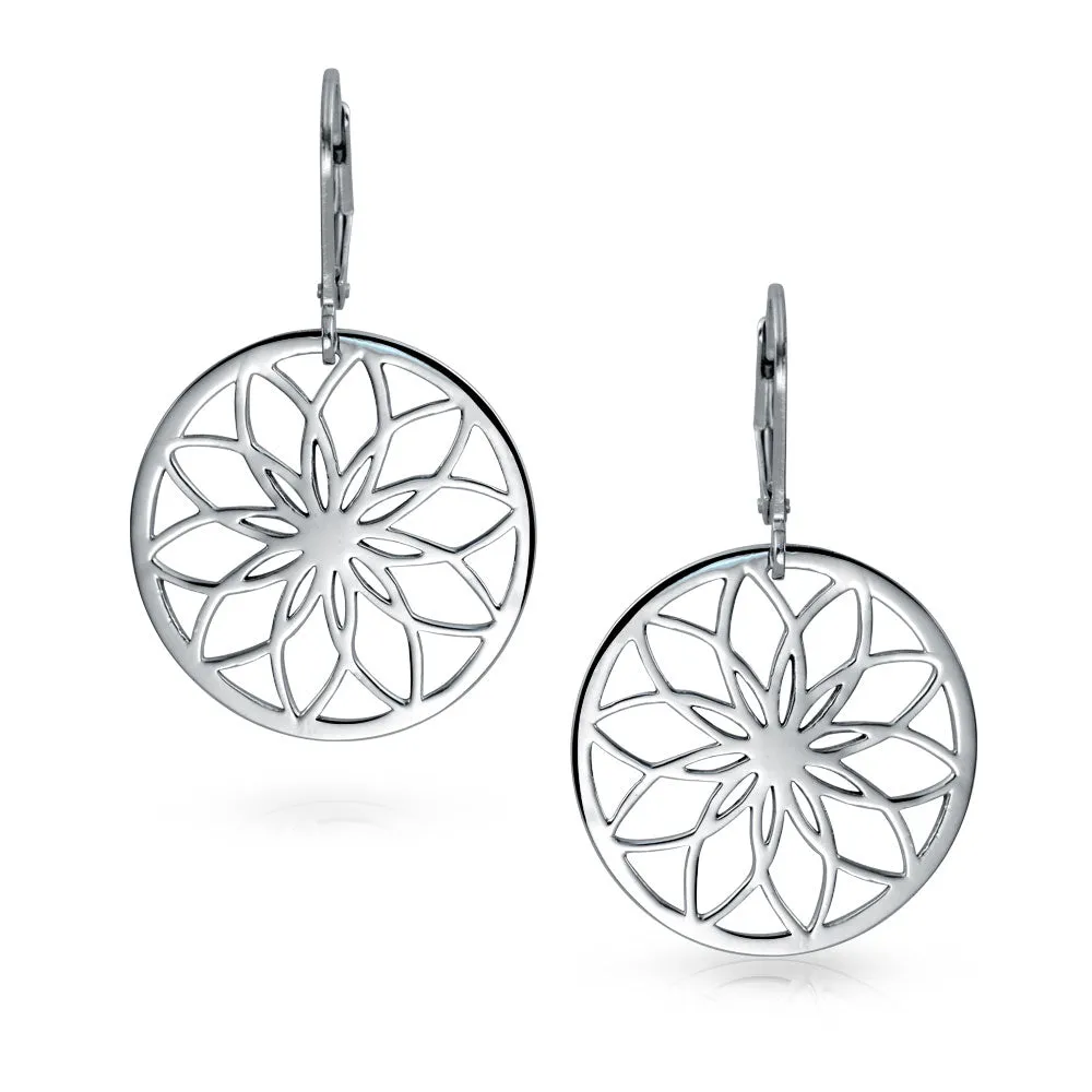 Geometric Floral Garden Disc Cutout Flower Dangle Earrings Sterling Silver Lever Back