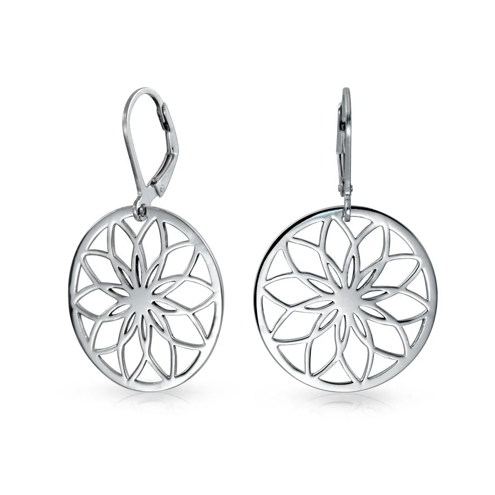 Geometric Floral Garden Disc Cutout Flower Dangle Earrings Sterling Silver Lever Back