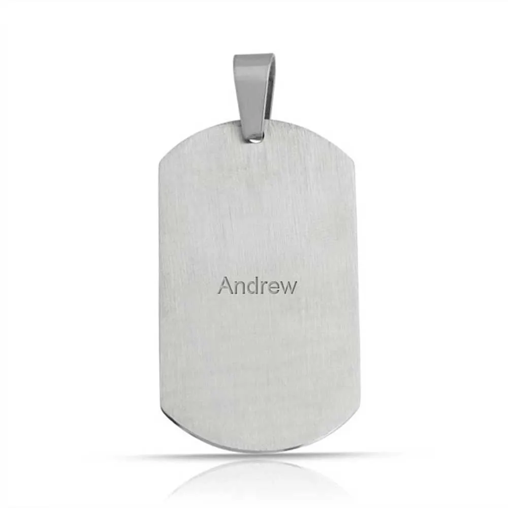 Geometric Men's CZ Dog Tag Pendant Necklace Silver Tone Stainless Steel 24" Chain