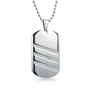 Geometric Men's CZ Dog Tag Pendant Necklace Silver Tone Stainless Steel 24" Chain