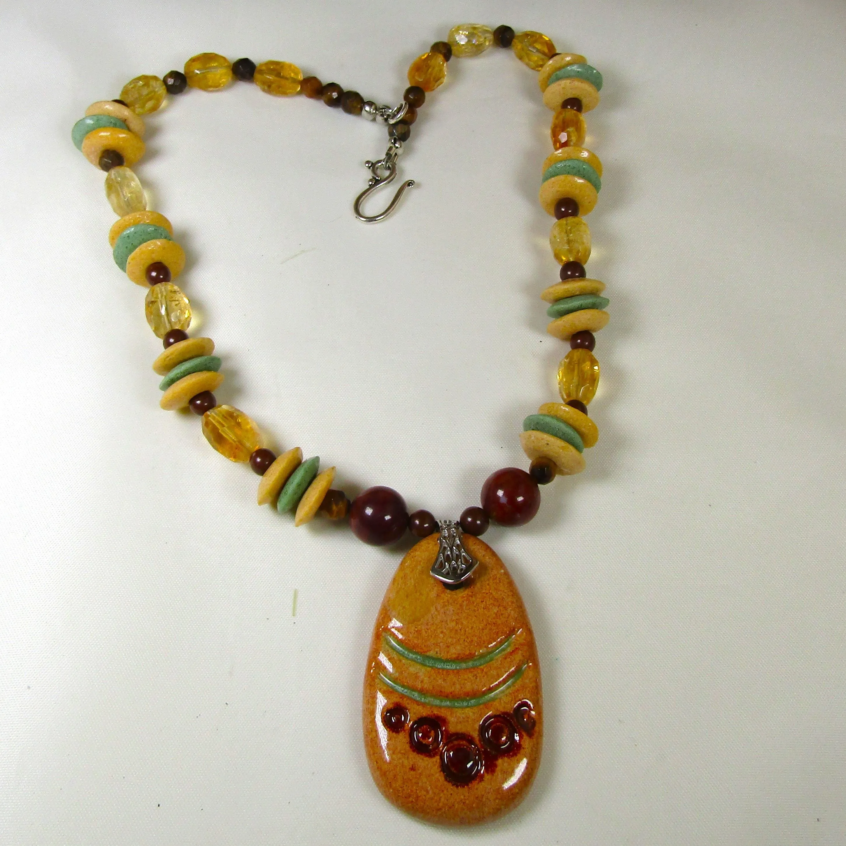 Handmade Mustard & Brown Beaded Pendant Necklace