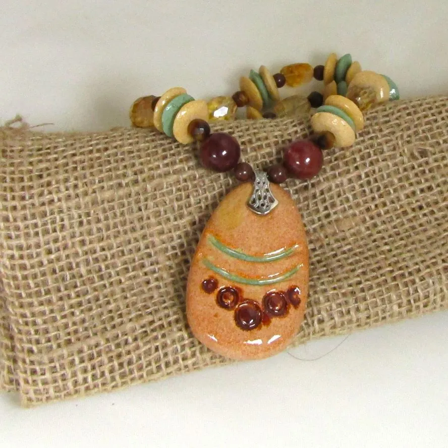 Handmade Mustard & Brown Beaded Pendant Necklace