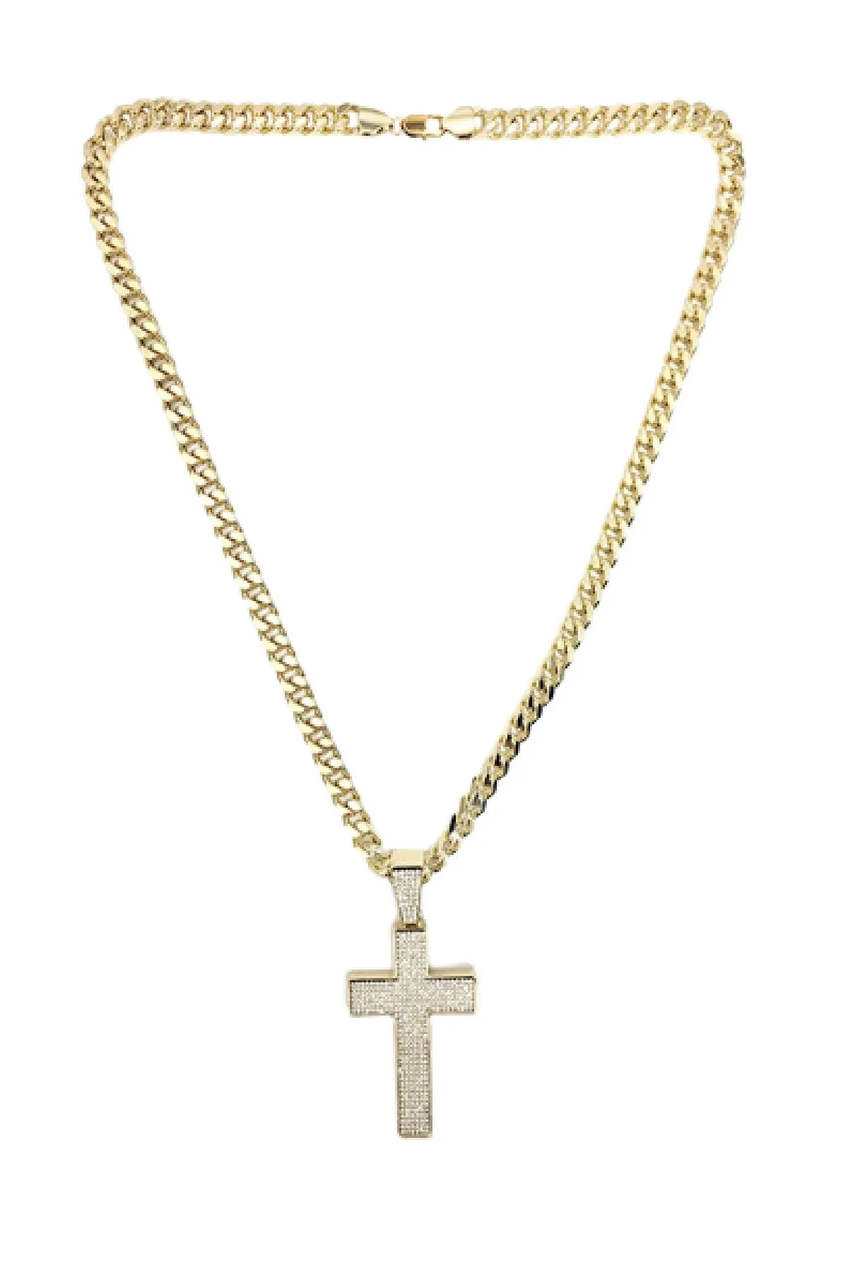 HIP HOP ICED OUT CROSS PENDANT with 30" CUBAN CHAIN - GOLD CROSS NECKLACE