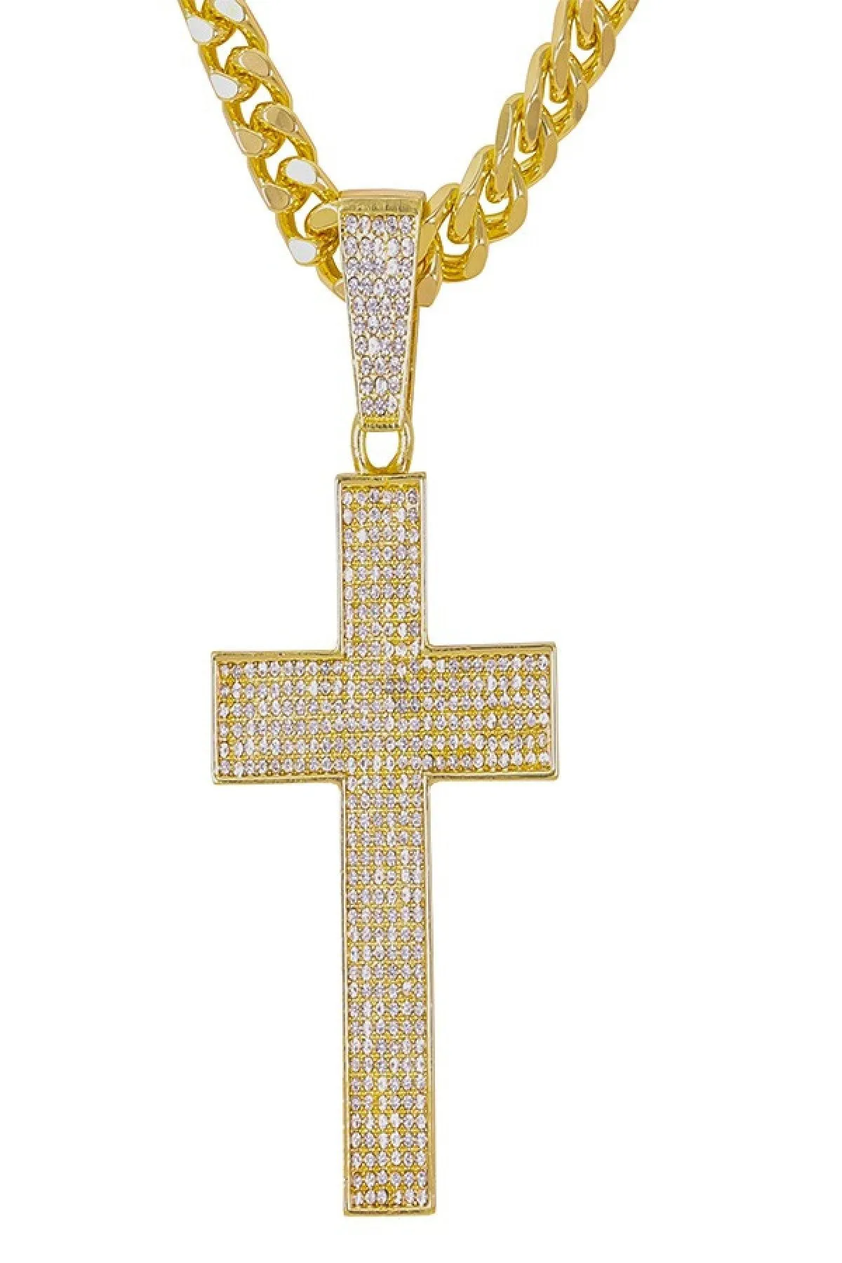 HIP HOP ICED OUT CROSS PENDANT with 30" CUBAN CHAIN - GOLD CROSS NECKLACE