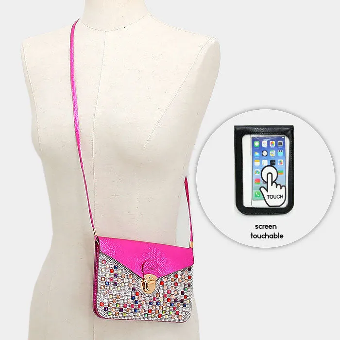 iLLASPARKZ Crystal studded smart cellphone clutch / crossbody bag with strap